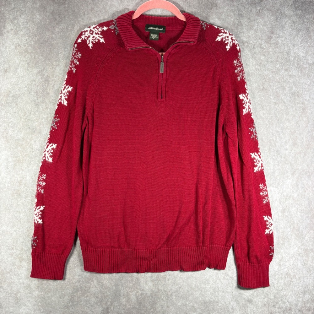 Eddie Bauer Sweater Womens L Red Snowflake Quarter Zip Pullover Cotton Festive